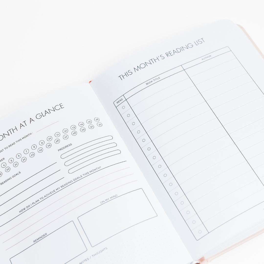 Two planner pages showing monthly and reading list layouts on a white background.