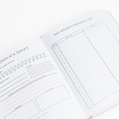Two planner pages showing monthly and reading list layouts on a white background.