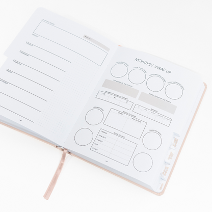 Undated weekly page and Monthly wrap up page on white background